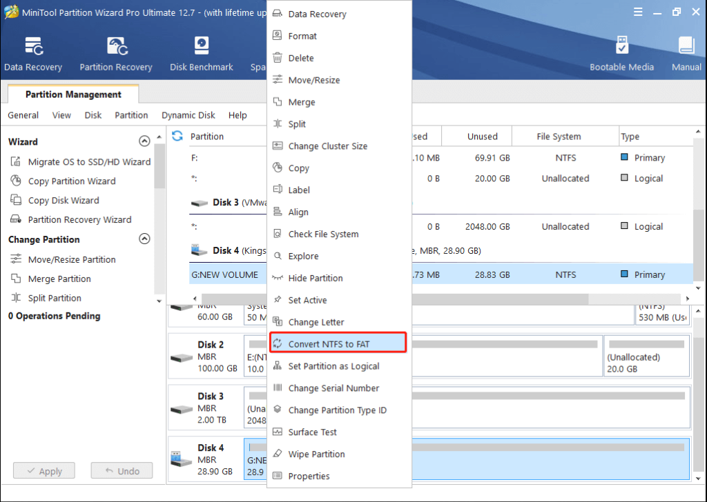 Step 2: Right-click the target partition and select Convert NTFS to FAT. 